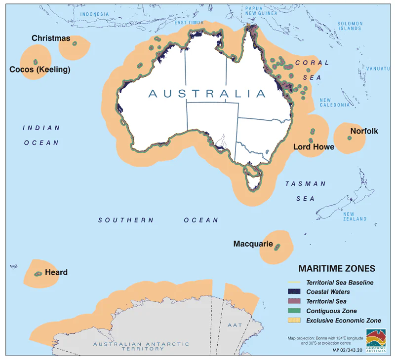 Although Antarctica is covered in this map, the Australian Antarctic Territory and it's surrounding waters are excluded.
