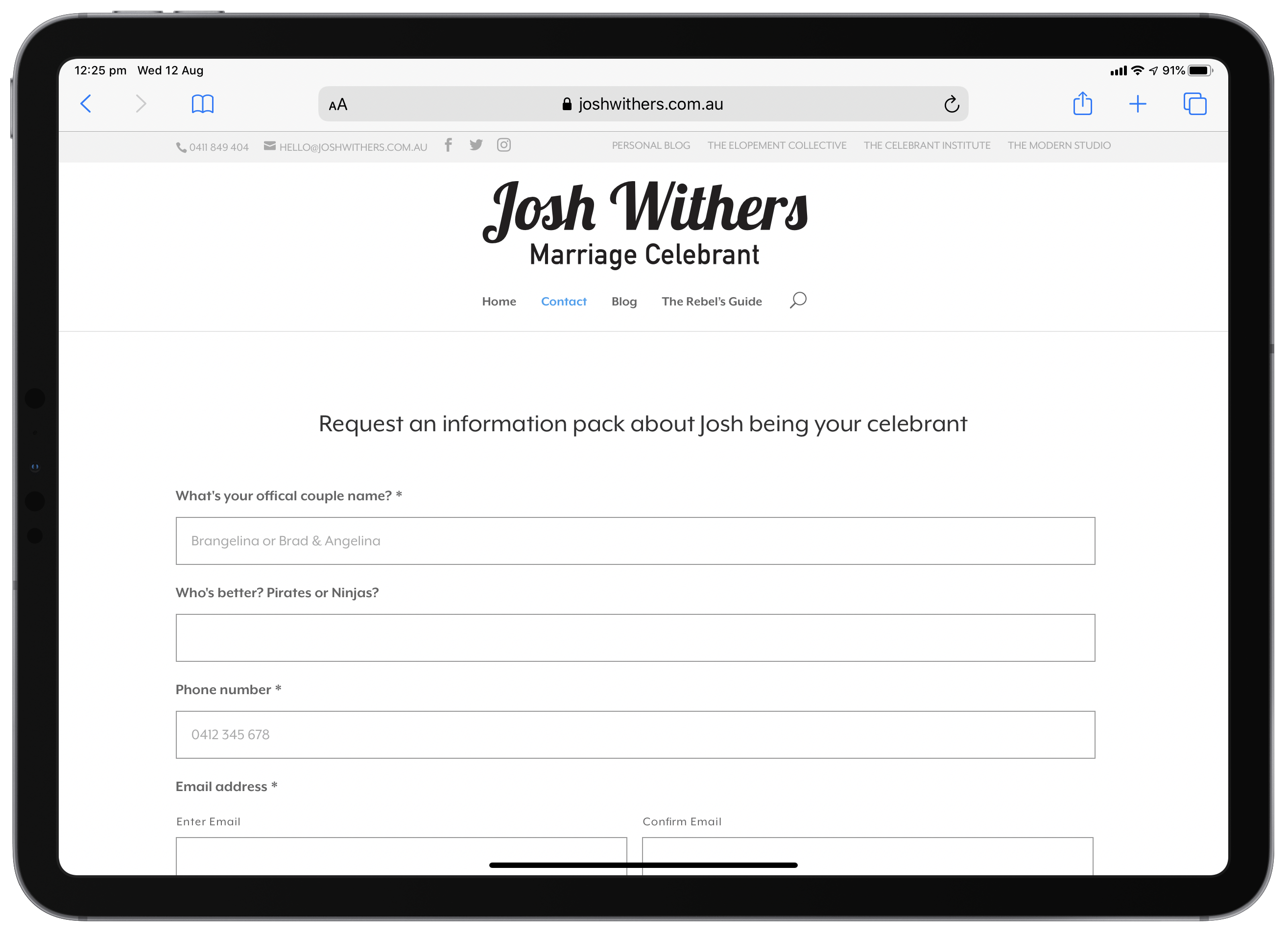 Enquiry form on joshwithers.com.au