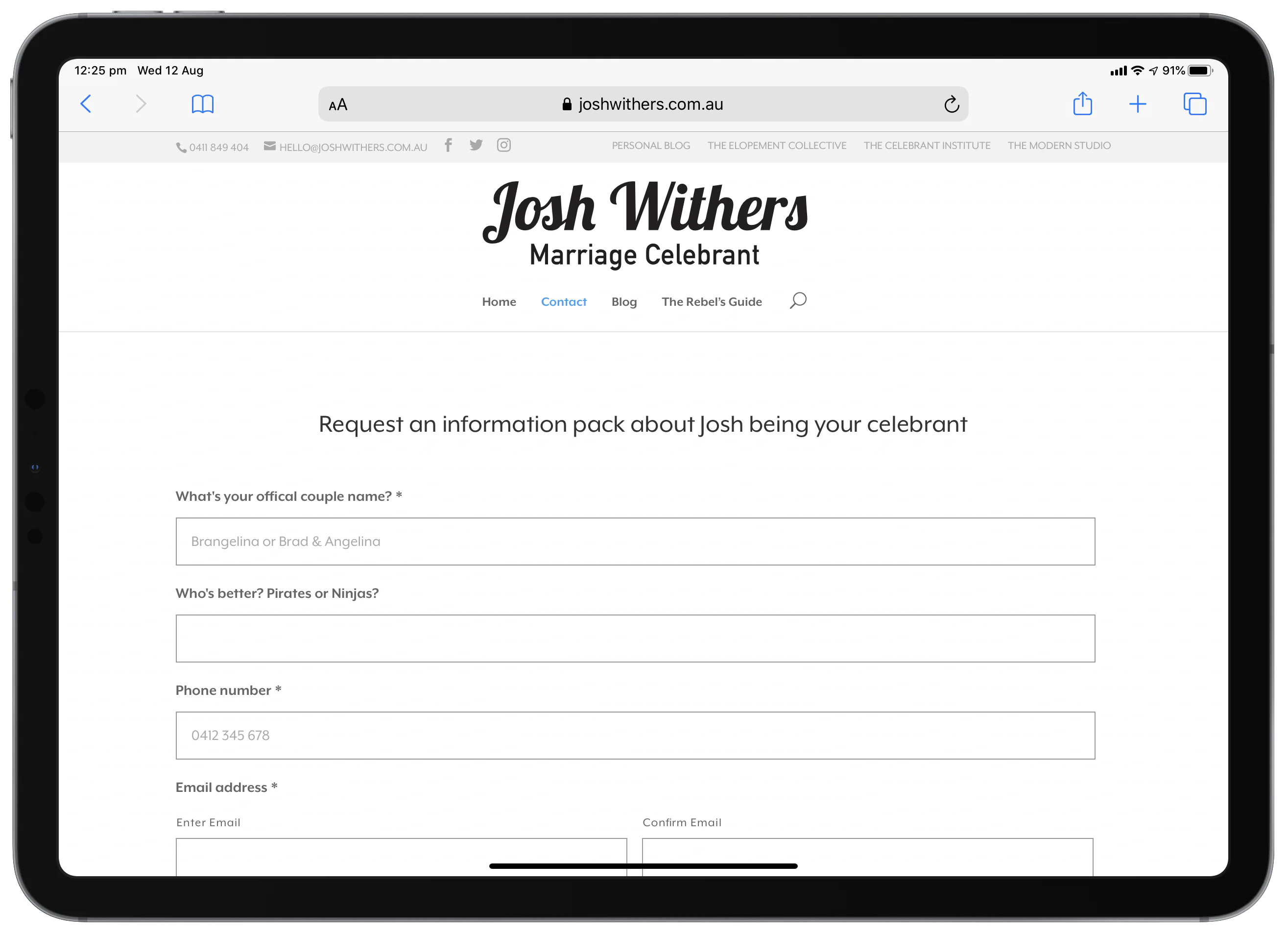 Replying to new wedding enquiries with Bonjoro 1 - Celebrant Institute Enquiry form on joshwithers.com.au