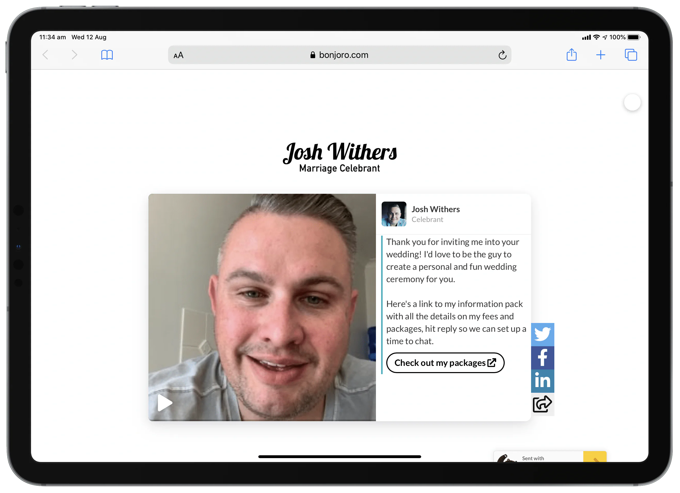 Replying to new wedding enquiries with Bonjoro 3 - Celebrant Institute Screenshot fo a Bonjoro email