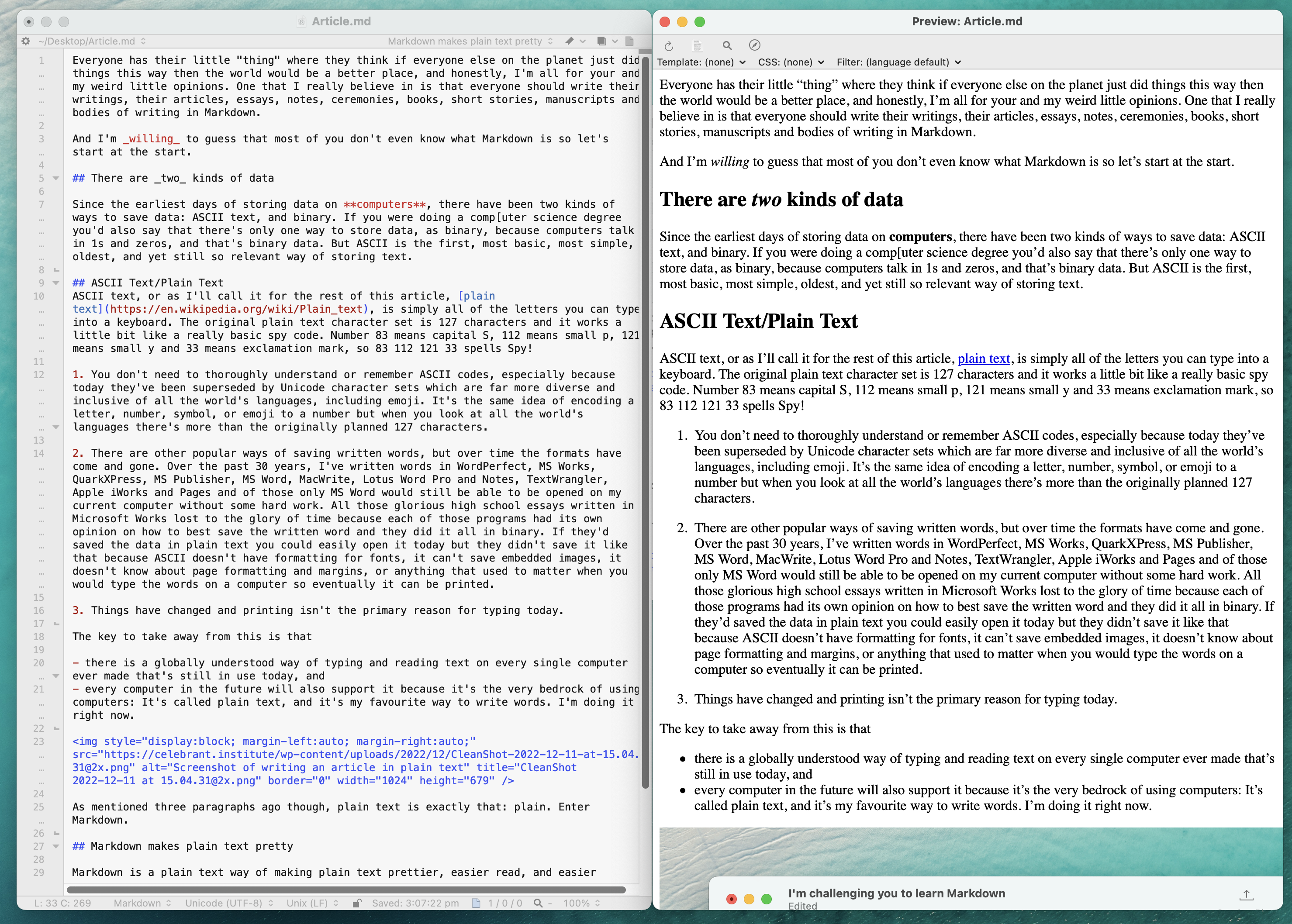 Example of Markdown text being formatted for the web
