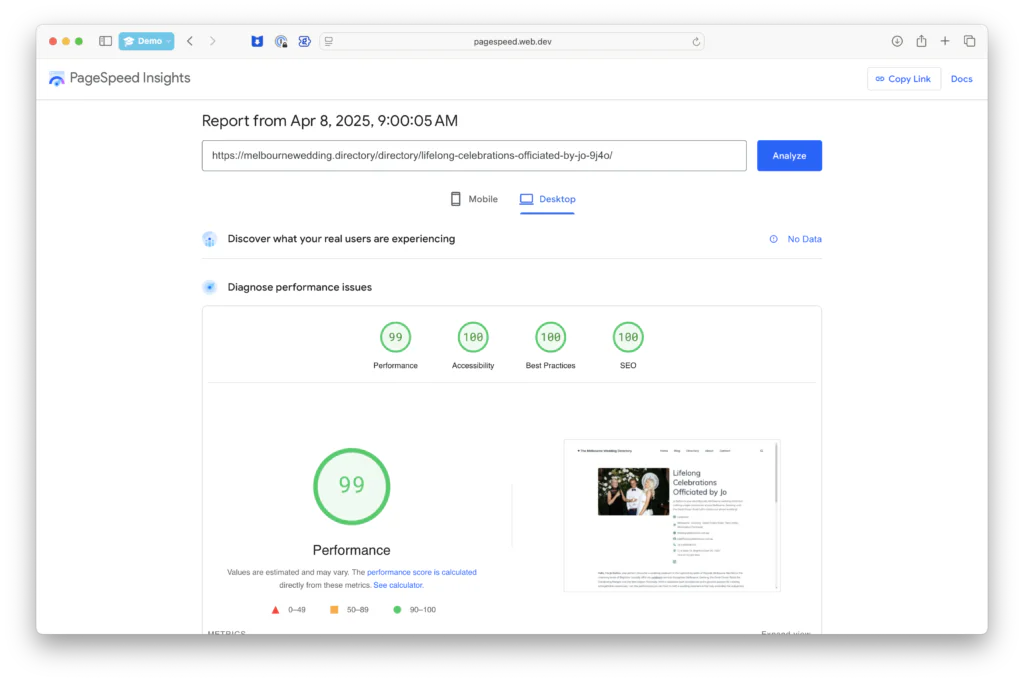 Screenshot of Page Insights